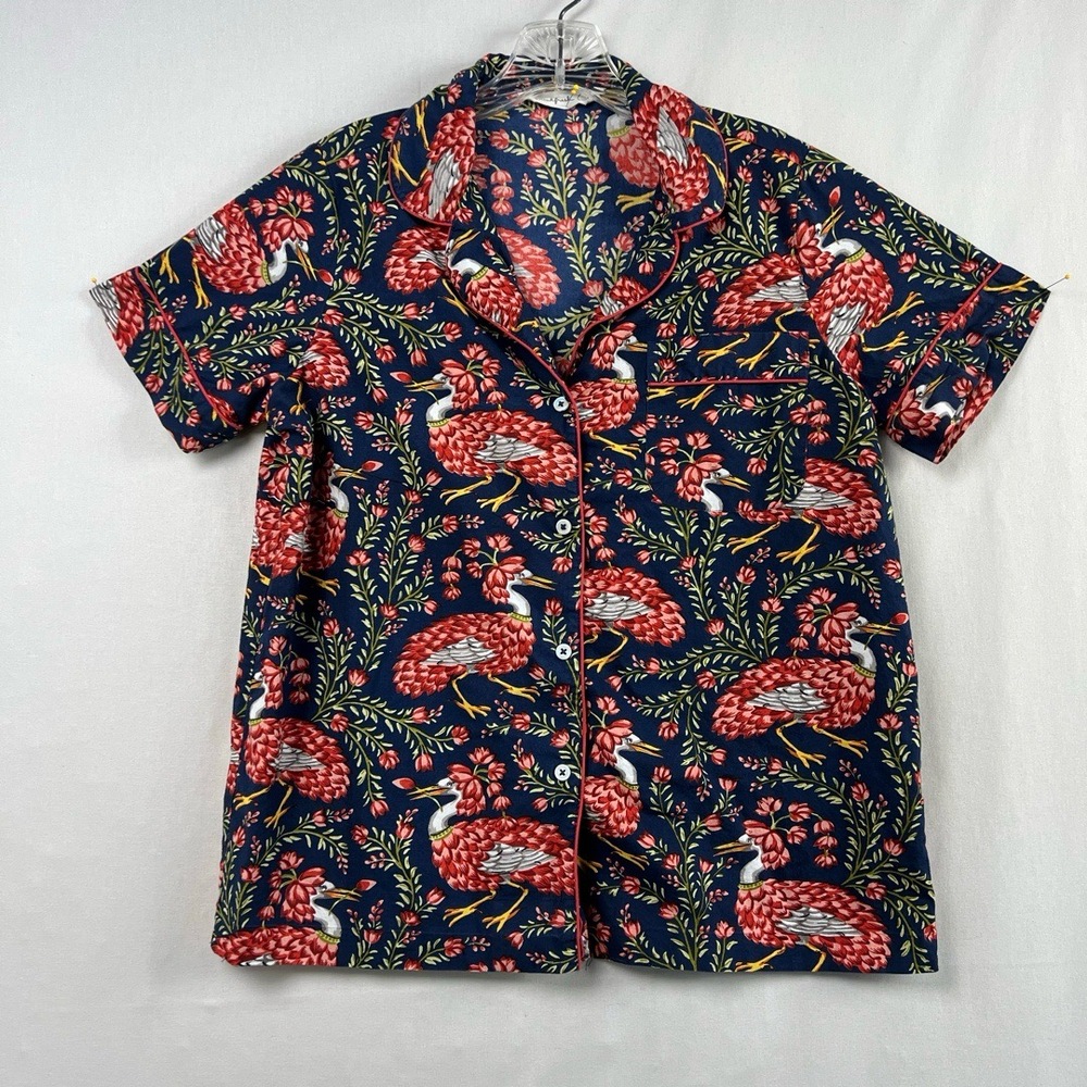 Print fresh Pajama Top Womens XS Shirt Queen Bird Button Up Short Sleeve